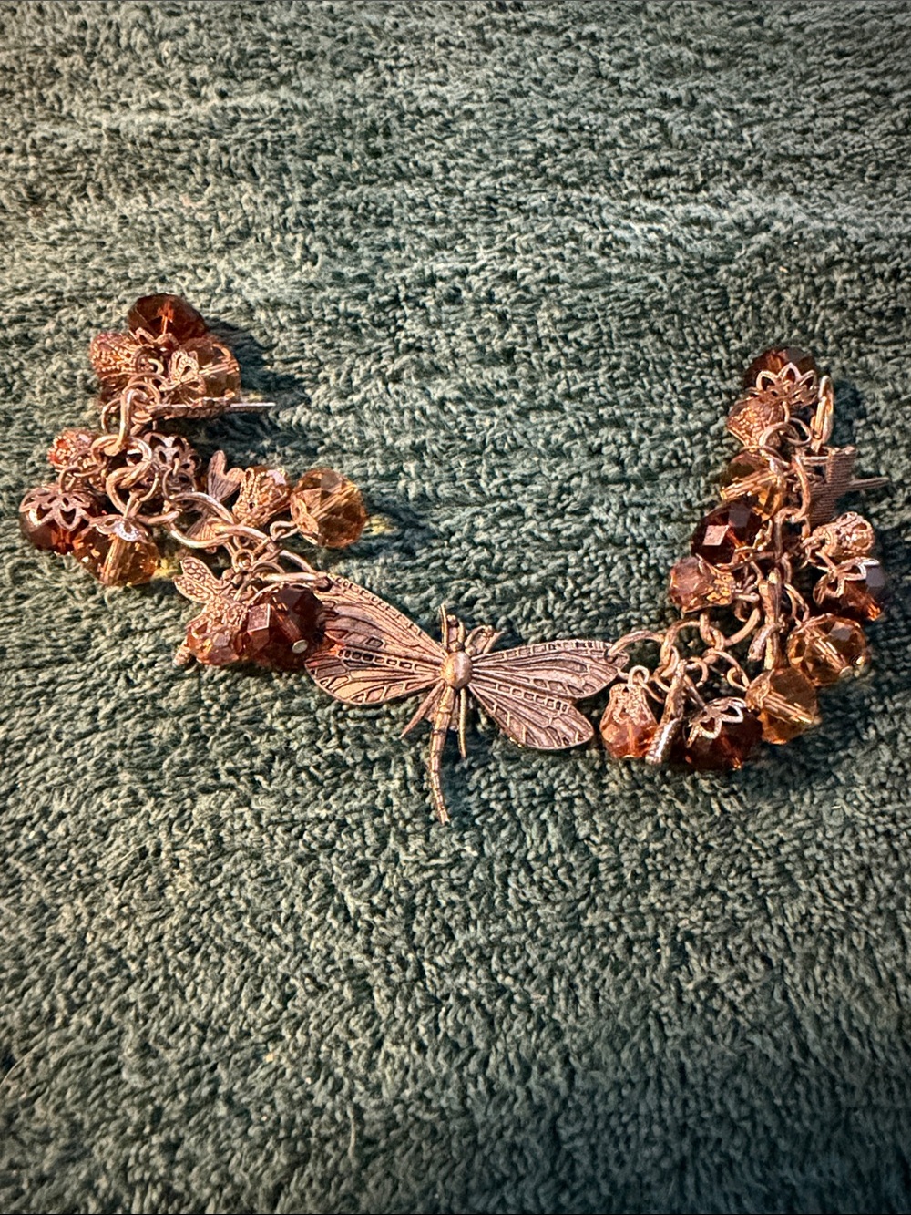 Dragonfly Charm Bracelet with Amber Crystal Beads - Picture 1 of 5